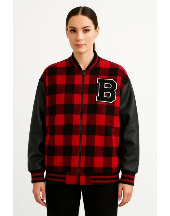 Kadın Kolej Ceket – Kareli Oduncu Kumaş, Kolları Suni Deri, Fermuarlı, İçi Kapitone Astarlı, Nakışlı Oversize Bahar & Kış Stil - Bordo