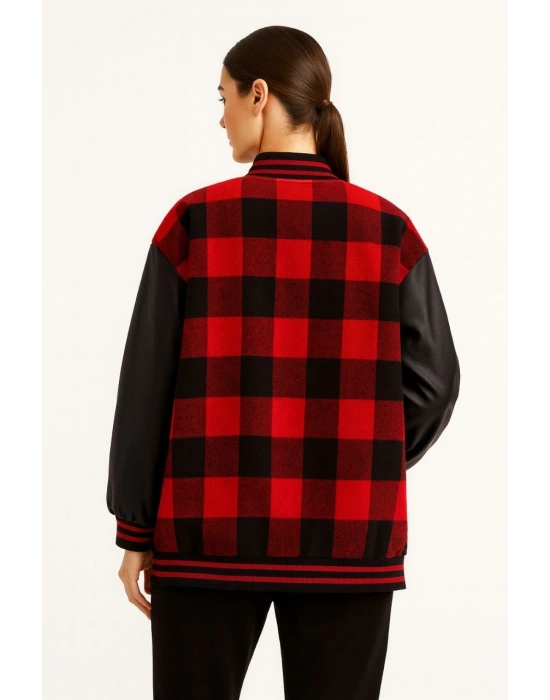 Kadın Kolej Ceket – Kareli Oduncu Kumaş, Kolları Suni Deri, Fermuarlı, İçi Kapitone Astarlı, Nakışlı Oversize Bahar & Kış Stil - Bordo