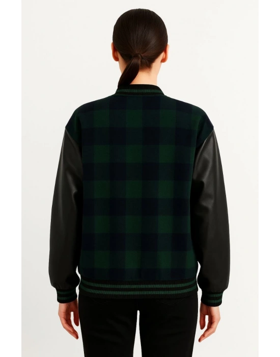 Kadın Kolej Ceket – Kareli Oduncu Kumaş, Kolları Suni Deri, Fermuarlı, İçi Kapitone Astarlı, Nakışlı Oversize Bahar & Kış Stil - Haki