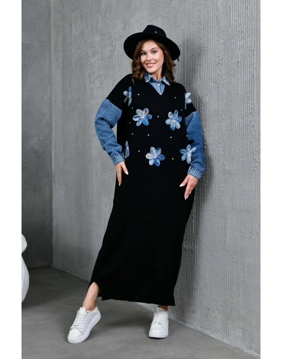 Kadın Kolları Kot Detaylı Önü Tül Çiçek Ve Taş İşlemeli Geniş Kalıp Uzun Triko Elbise