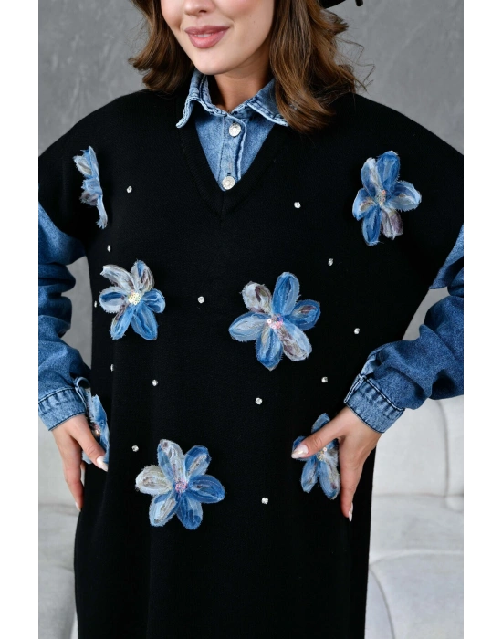 Kadın Kolları Kot Detaylı Önü Tül Çiçek Ve Taş İşlemeli Geniş Kalıp Uzun Triko Elbise