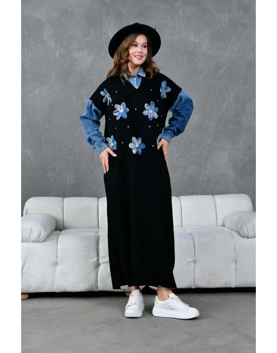 Kadın Kolları Kot Detaylı Önü Tül Çiçek Ve Taş İşlemeli Geniş Kalıp Uzun Triko Elbise