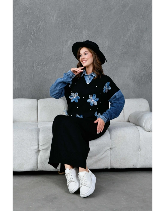 Kadın Kolları Kot Detaylı Önü Tül Çiçek Ve Taş İşlemeli Geniş Kalıp Uzun Triko Elbise