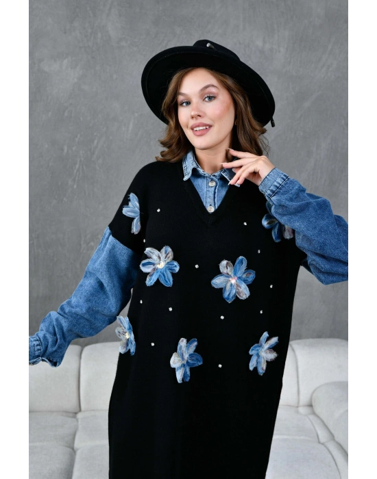 Kadın Kolları Kot Detaylı Önü Tül Çiçek Ve Taş İşlemeli Geniş Kalıp Uzun Triko Elbise