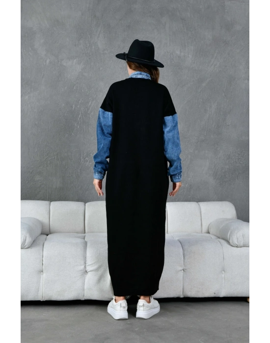 Kadın Kolları Kot Detaylı Önü Tül Çiçek Ve Taş İşlemeli Geniş Kalıp Uzun Triko Elbise