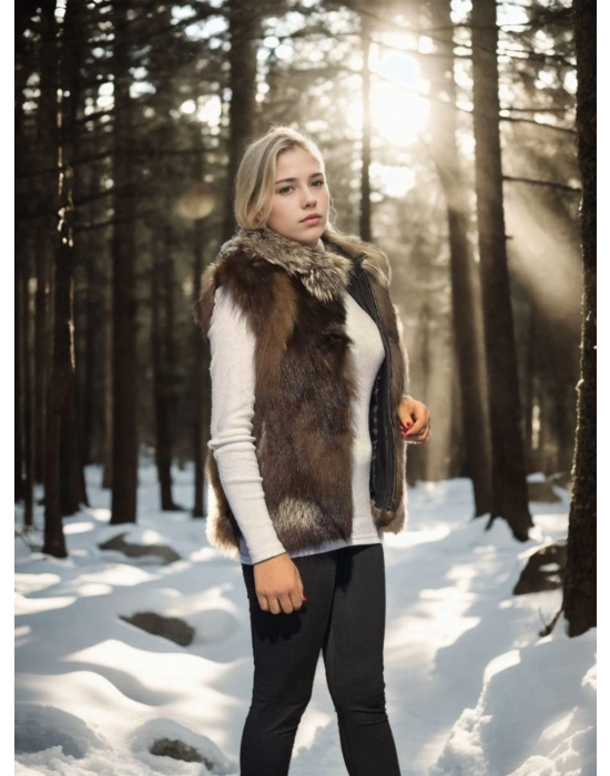 Kadın Kolsuz Fermuarlı Yelek - Kahve