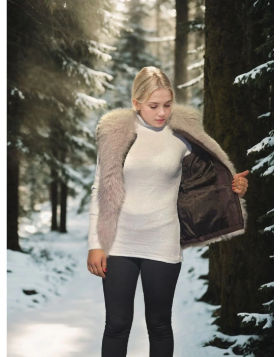 Kadın Kolsuz Fermuarlı Yelek - Kahve