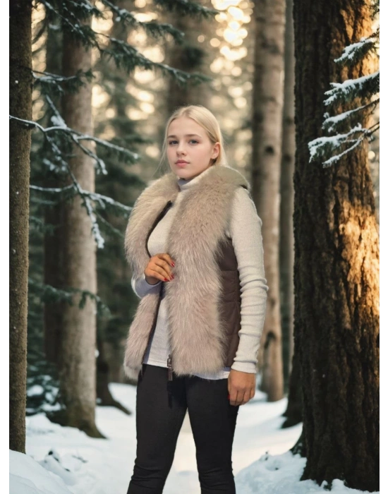 Kadın Kolsuz Fermuarlı Yelek - Kahve