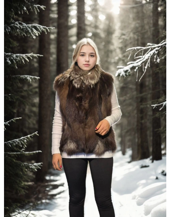 Kadın Kolsuz Fermuarlı Yelek - Kahve