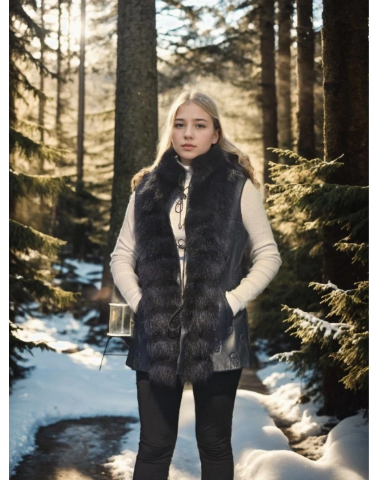 Kadın Kolsuz Fermuarlı Yelek - Lacivert