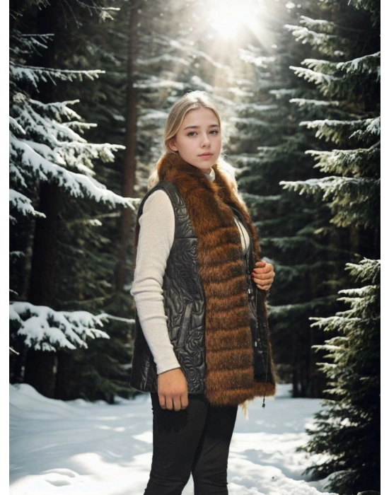 Kadın Kolsuz Fermuarlı Yelek - Siyah