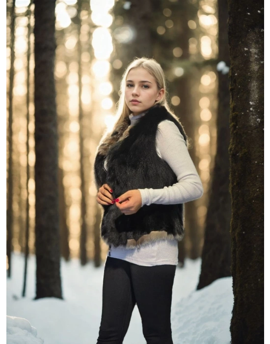 Kadın Kolsuz Fermuarlı Yelek - Siyah