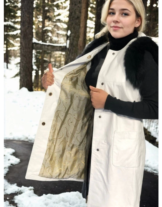 Kadın Kolsuz Hakiki Deri Kürk - Beyaz