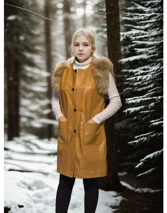 Kadın Kolsuz Hakiki Deri Kürk - Hardal