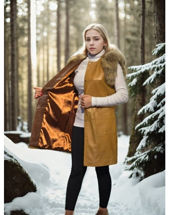 Kadın Kolsuz Hakiki Deri Kürk - Hardal