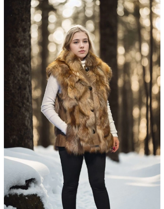 Kadın Kolsuz Hakiki Deri Kürk - Kahve