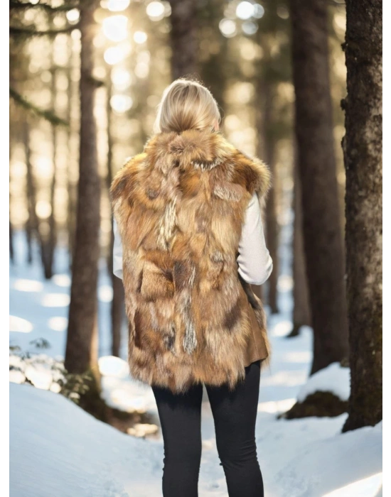 Kadın Kolsuz Hakiki Deri Kürk - Kahve