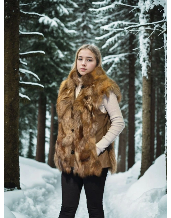 Kadın Kolsuz Hakiki Deri Kürk - Kahve