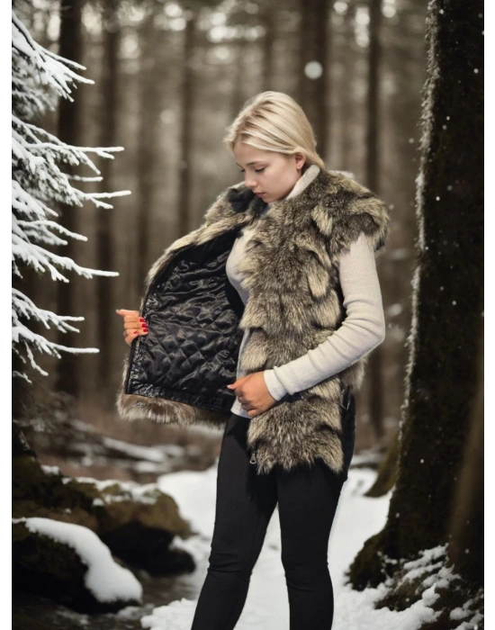 Kadın Kolsuz Hakiki Deri Kürk - Siyah