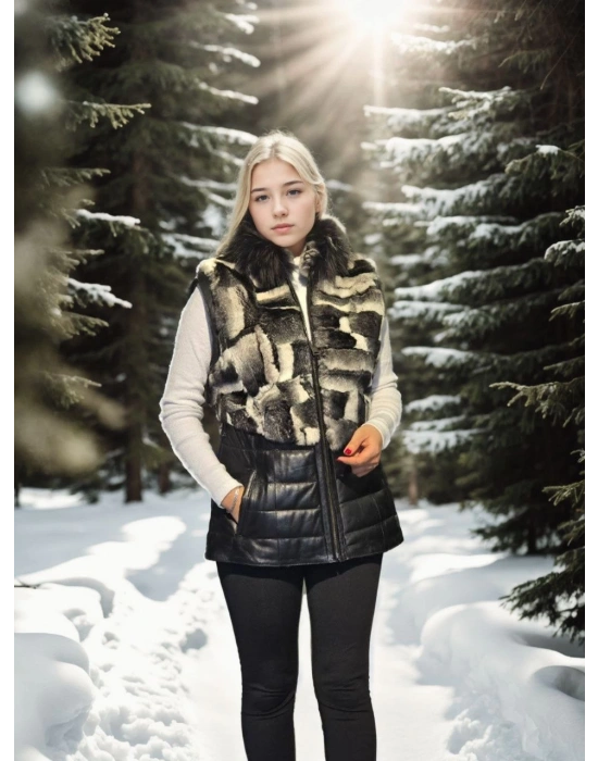 Kadın Kolsuz Hakiki Deri Kürk - Siyah