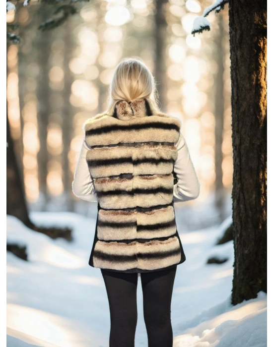 Kadın Kolsuz Hakiki Deri Kürk - Siyah