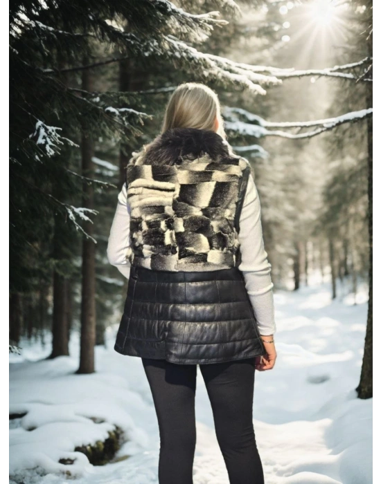 Kadın Kolsuz Hakiki Deri Kürk - Siyah