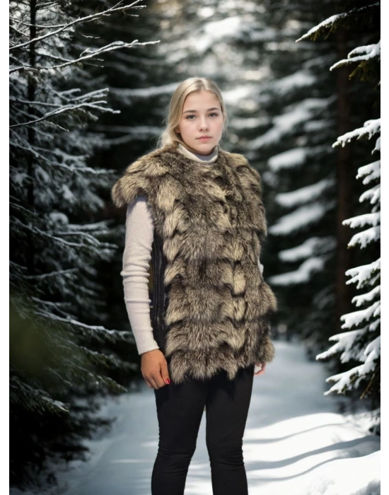 Kadın Kolsuz Hakiki Deri Kürk - Siyah