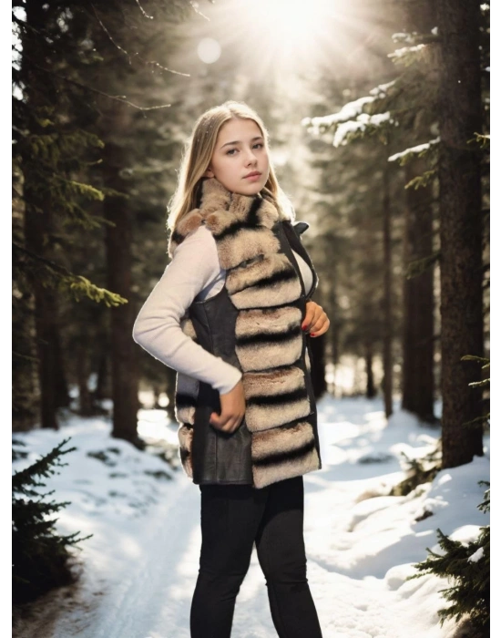 Kadın Kolsuz Hakiki Deri Kürk - Siyah