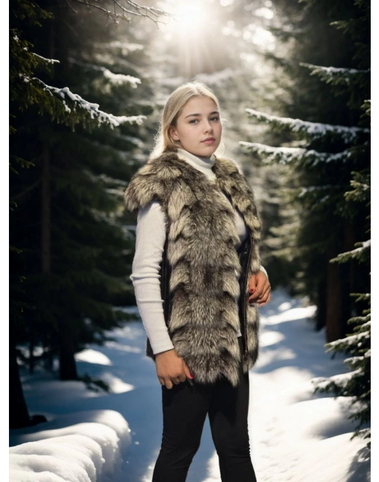 Kadın Kolsuz Hakiki Deri Kürk - Siyah