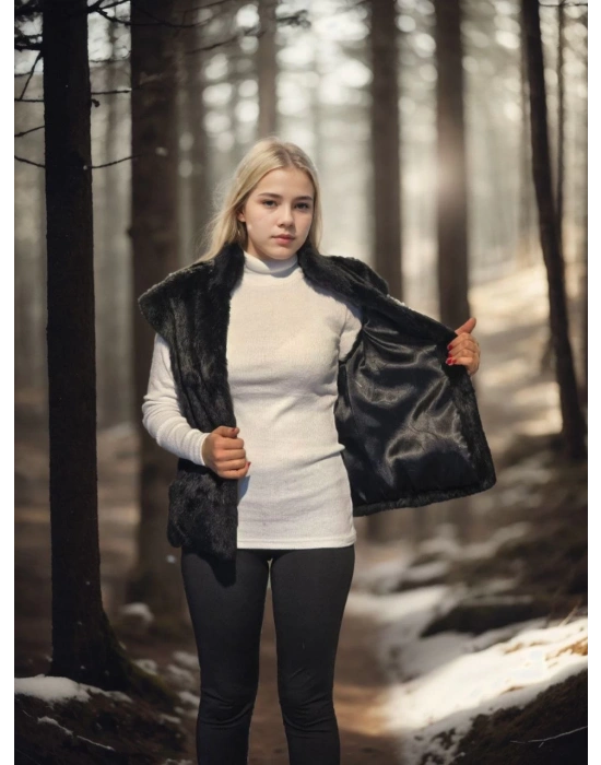 Kadın Kolsuz Hakiki Kürk - Siyah