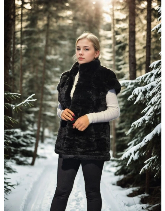 Kadın Kolsuz Hakiki Kürk - Siyah