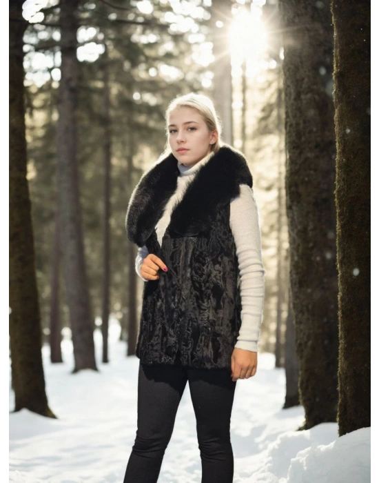 Kadın Kolsuz Hakiki Kürk - Siyah