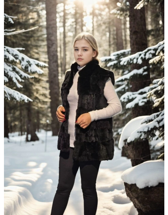 Kadın Kolsuz Hakiki Kürk - Siyah