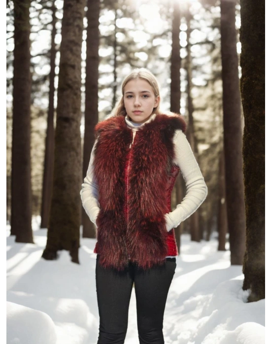 Kadın Kolsuz Hakiki Yelek - Fuşya