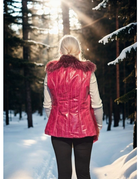 Kadın Kolsuz Hakiki Yelek - Fuşya