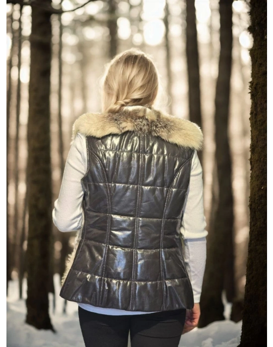 Kadın Kolsuz Hakiki Yelek - Fuşya