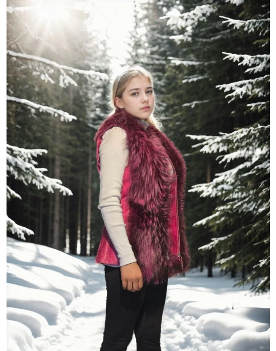 Kadın Kolsuz Hakiki Yelek - Fuşya