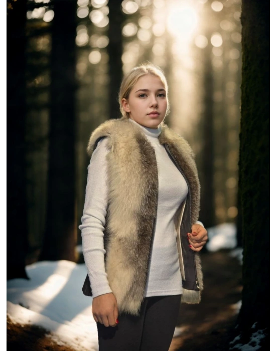 Kadın Kolsuz Hakiki Yelek - Fuşya