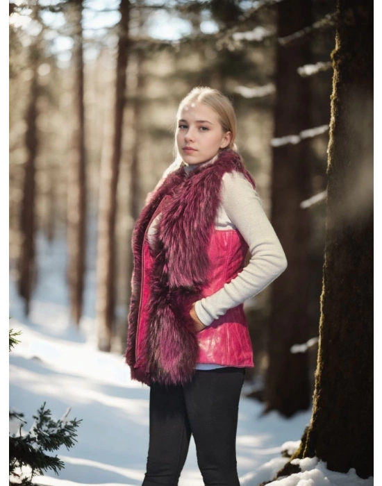 Kadın Kolsuz Hakiki Yelek - Fuşya