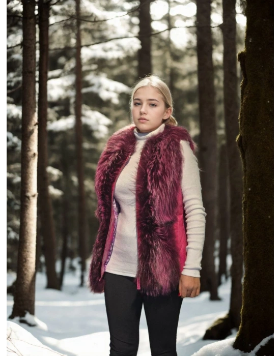 Kadın Kolsuz Hakiki Yelek - Fuşya