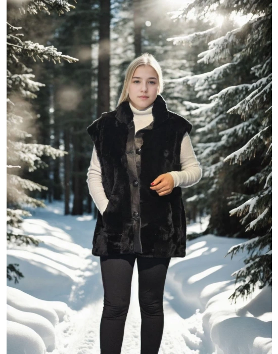 Kadın Kolsuz Hakiki Yelek - Siyah