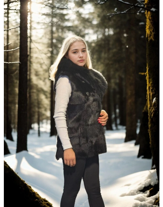 Kadın Kolsuz Kapüşonlu Yelek - Siyah