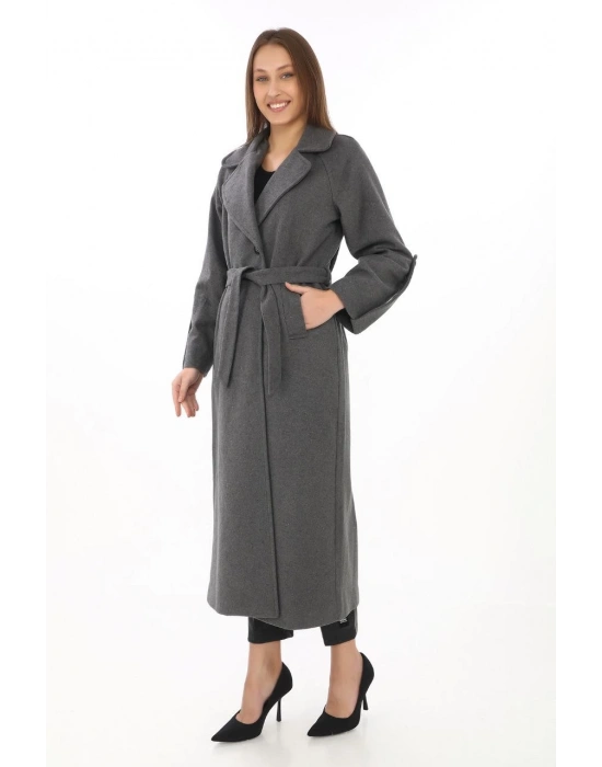 Kadın Kolu Apoletli Astarlı Kaşmir Kaşe Kaban - Füme