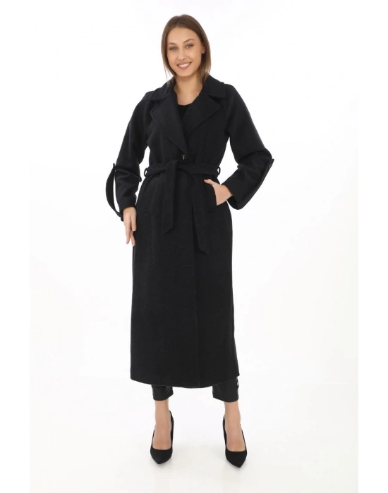 Kadın Kolu Apoletli Astarlı Kaşmir Kaşe Kaban - Siyah