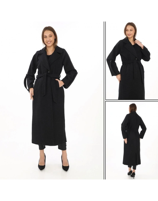 Kadın Kolu Apoletli Astarlı Kaşmir Kaşe Kaban - Siyah