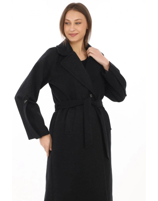 Kadın Kolu Apoletli Astarlı Kaşmir Kaşe Kaban - Siyah