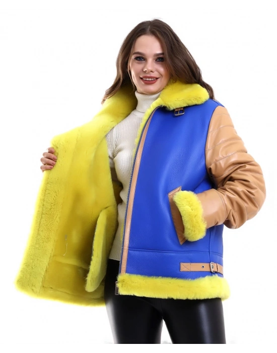 Kadın Koyun Derisi Pilot Hakiki Kürk - Sarı