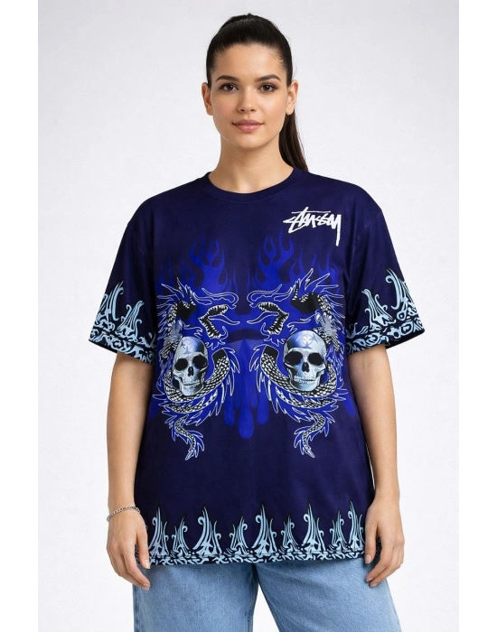 Kadın Lacivert Oversize Tişört Dragon & Kuru Kafa Baskılı Bisiklet Yaka T-Shirt - Lacivert