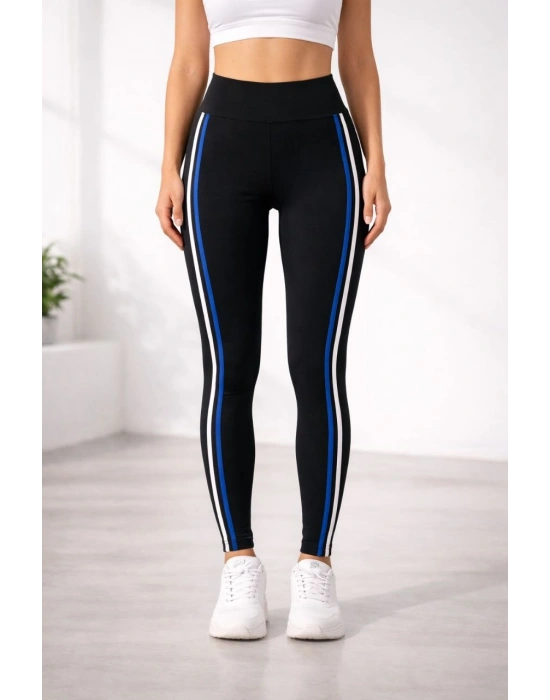 Kadın Likralı Yan Beyaz Mavi Şeritli Detaylı Tayt - Siyah