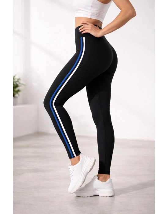 Kadın Likralı Yan Beyaz Mavi Şeritli Detaylı Tayt - Siyah